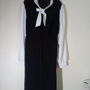 SHEIN Black Dress with White Tie-Neck & Long White Sleeves